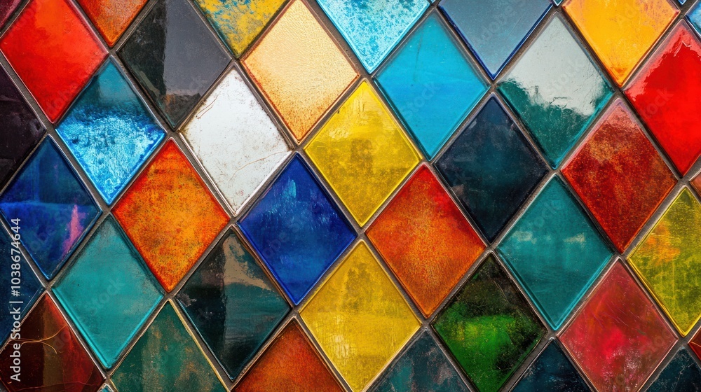 Geometric tile glass pattern featuring vibrant and bold colors, arranged in a seamless and artistic design. Geometric tile glass pattern featuring vibrant and bold colors, arranged in a seamless and artistic design.
