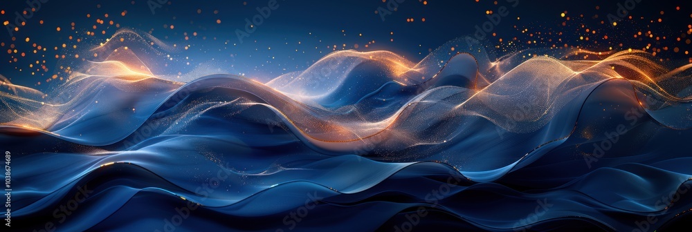 Luminous waves dance against a deep blue backdrop with golden highlights, creating a serene ambiance Luminous waves dance against a deep blue backdrop with golden highlights, creating a serene ambiance