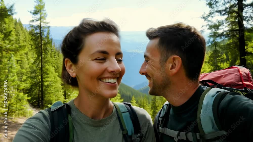 Young Caucasian couple in a forest. They smile, look at the camera and enjoy nature. Discovering the magic of the woods, one joyful moment at a time. Young Caucasian couple in a forest. They smile, look at the camera and enjoy nature. Discovering the magic of the woods, one joyful moment at a time.