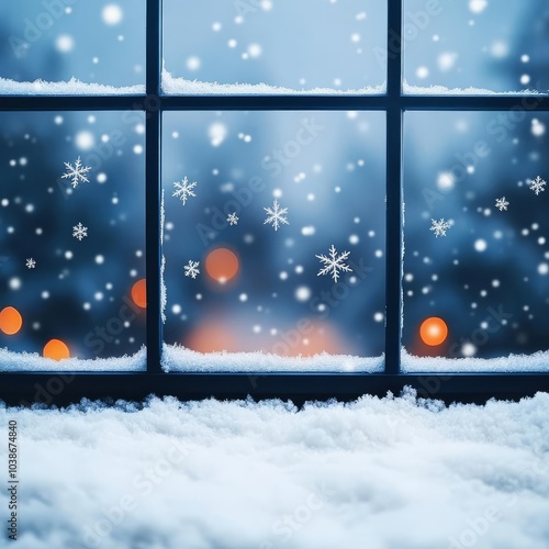 Snowflakes falling on frosty windowpanes, cozy winter night scene