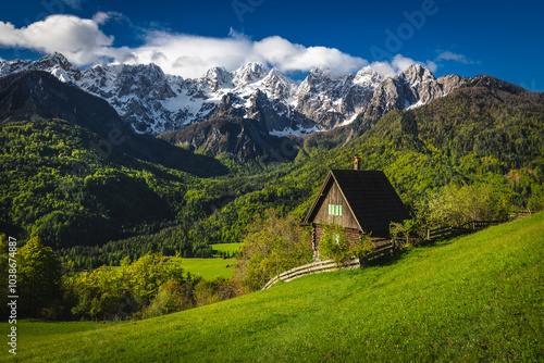 Cute wooden hut on the slope and snowy mountains, Slovenia