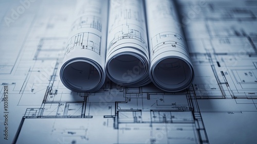 Architectural blueprints for a green construction project, featuring eco-friendly and sustainable building practices.