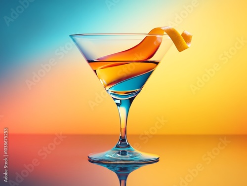 A vibrant cocktail glass featuring a colorful drink and a citrus twist against a bright, gradient backdrop. photo