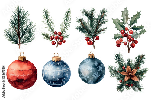 Watercolor set with Christmas tree and other decoration