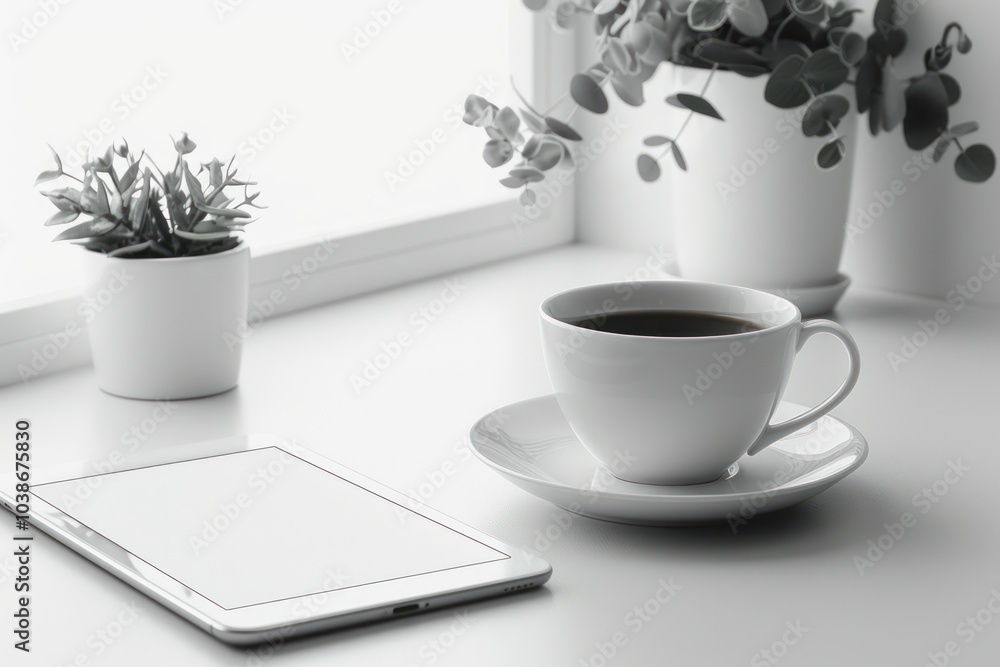 A minimalist work desk setup with a tablet, notepad, and coffee cup isolated on white A minimalist work desk setup with a tablet, notepad, and coffee cup isolated on white