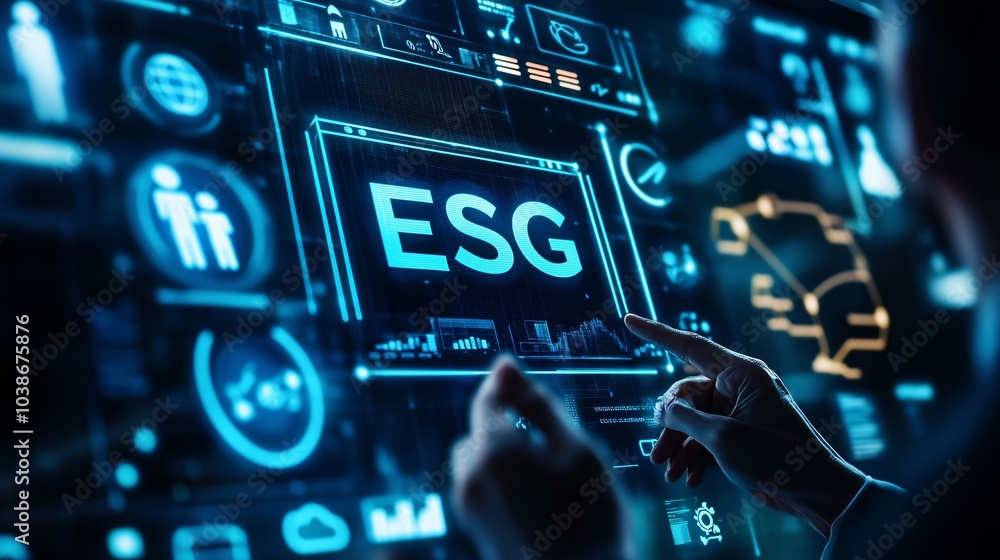 A digital interface illustrating the concept of ESG in modern business and technology, capturing innovation and sustainability. A digital interface illustrating the concept of ESG in modern business and technology, capturing innovation and sustainability.