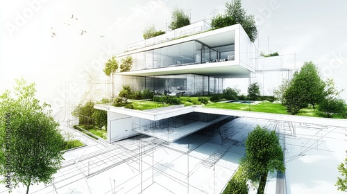 Architectural blueprints highlighting green construction techniques and sustainable building practices. photo