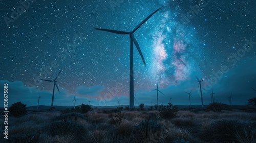 Wind turbines stand tall against a backdrop of a starry night sky.  The Milky Way is visible, creating a breathtaking scene.
