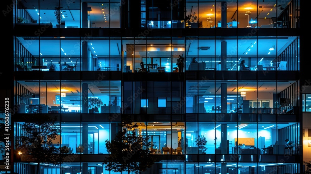 Workplace chaos during a break at night with illuminated offices Workplace chaos during a break at night with illuminated offices