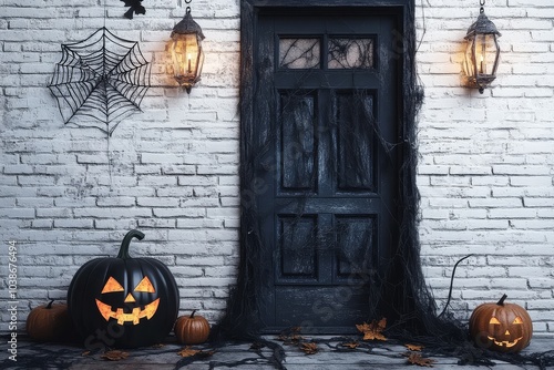 Halloween party decorations adorning the door and wall of a room with a white brick background, featuring ample copy space for text.