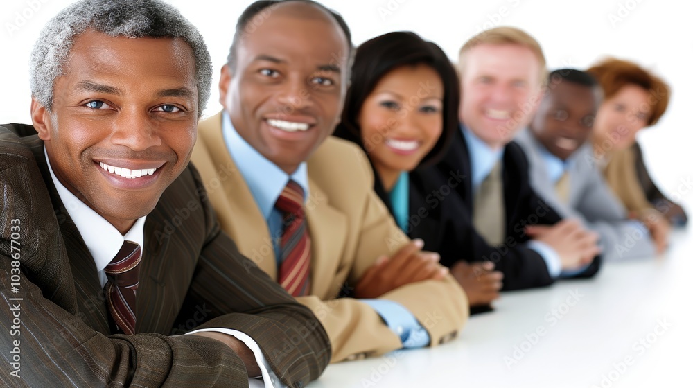 Diverse professionals in formal wear collaborate in a modern office meeting Diverse professionals in formal wear collaborate in a modern office meeting