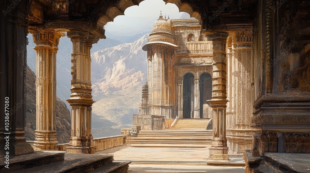 A grand ancient Indian palace with detailed frescoes and towering pillars, with a romantic wind flowing through its open courtyards A grand ancient Indian palace with detailed frescoes and towering pillars, with a romantic wind flowing through its open courtyards