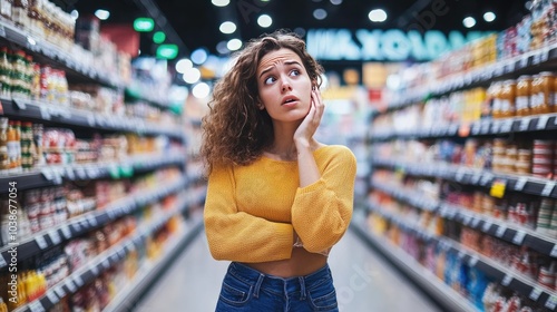 A confused shopper standing alone in a large store, looking for assistance with no employees available, capturing the feeling of frustration