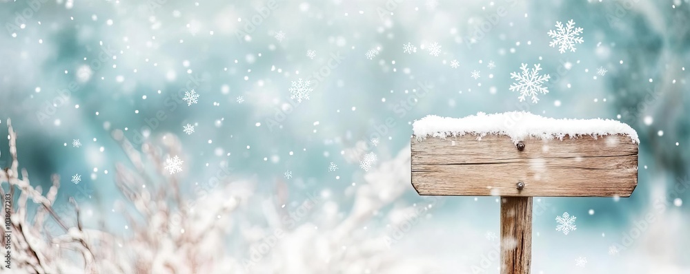 Fototapeta premium Snowflakes softly landing on a wooden signpost, winter travel vibe