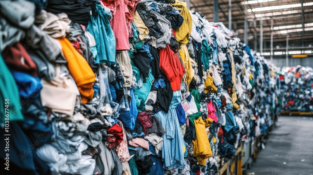 A large mound of various garments and textiles in a recycling center, emphasizing the importance of reducing clothing waste and embracing sustainability