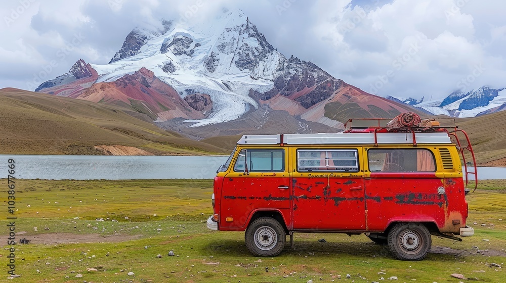 A modern nomad enjoys serene van life by a stunning lake in the mountains at midday A modern nomad enjoys serene van life by a stunning lake in the mountains at midday