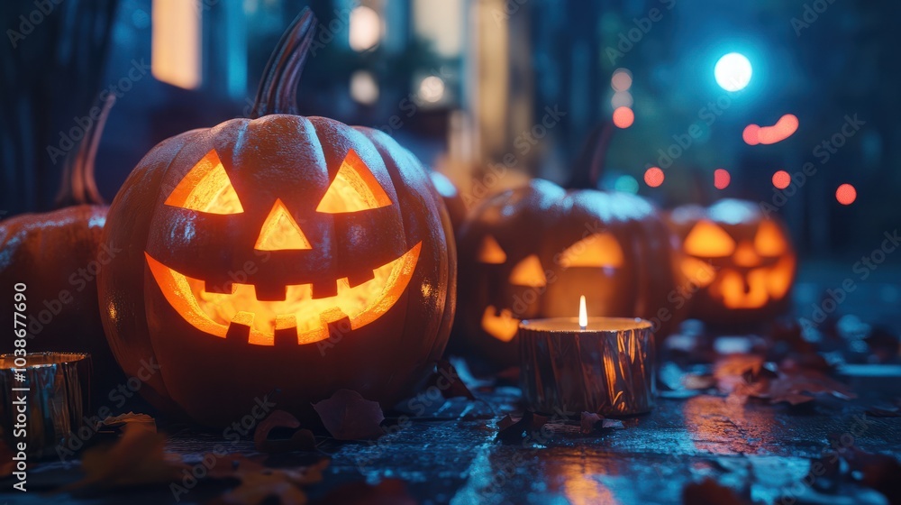 Pumpkins with Halloween decorations carved designs and festive ambiance dollar money symbold Pumpkins with Halloween decorations carved designs and festive ambiance dollar money symbold