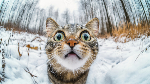 A wide-eyed cat stands with snow on its face in a winter landscape, showcasing an innocent yet curious expression amid the cold, snowy surroundings.