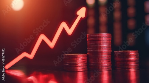 Red Upward arrow on money coin stack as growth graph steps in home shape symbol,Savings, income, home investment, real estate price value, property profit concepts,the rising price of real estate.