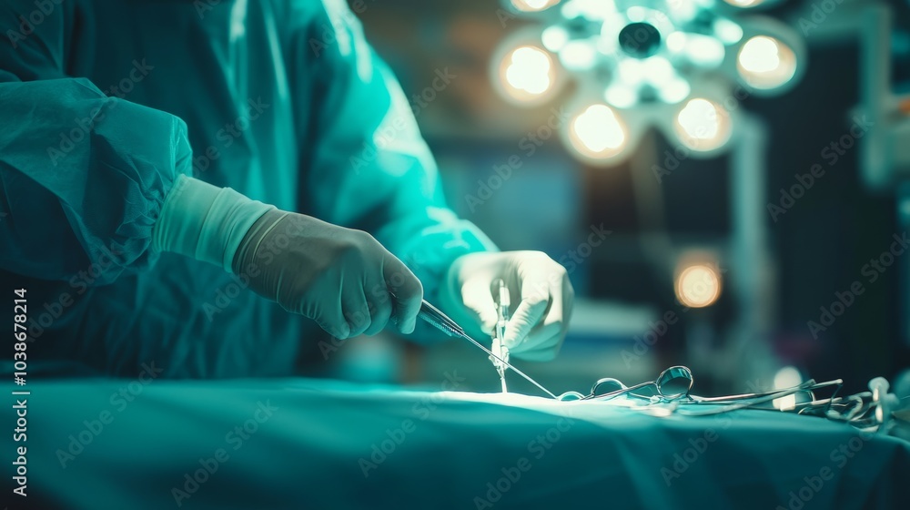 Fototapeta premium A surgeon performing a delicate operation in a sterile operating room, with surgical instruments and bright lights, Medical surgery scene