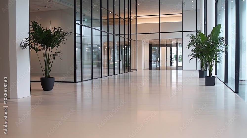 A modern, airy lobby featuring large glass walls and minimalistic design, complemented by potted plants. A modern, airy lobby featuring large glass walls and minimalistic design, complemented by potted plants.