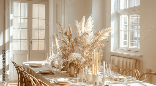 A beautiful dining table with a contemporary dried oat plant arrangement running down the centre of the table and a set table with high ceilings and French windows and white walls with wooden floors. photo