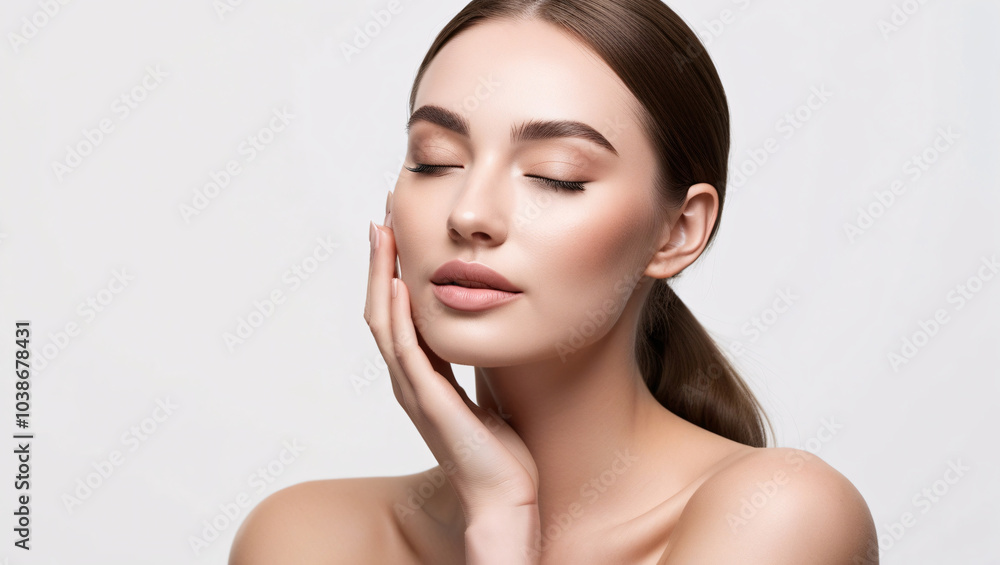 Serene Elegance A Minimalistic Studio Portrait of a Young Woman with Fair Skin and Brown Hair, Emphasizing Natural Beauty and Calm Against a Plain White Background Serene Elegance A Minimalistic Studio Portrait of a Young Woman with Fair Skin and Brown Hair, Emphasizing Natural Beauty and Calm Against a Plain White Background