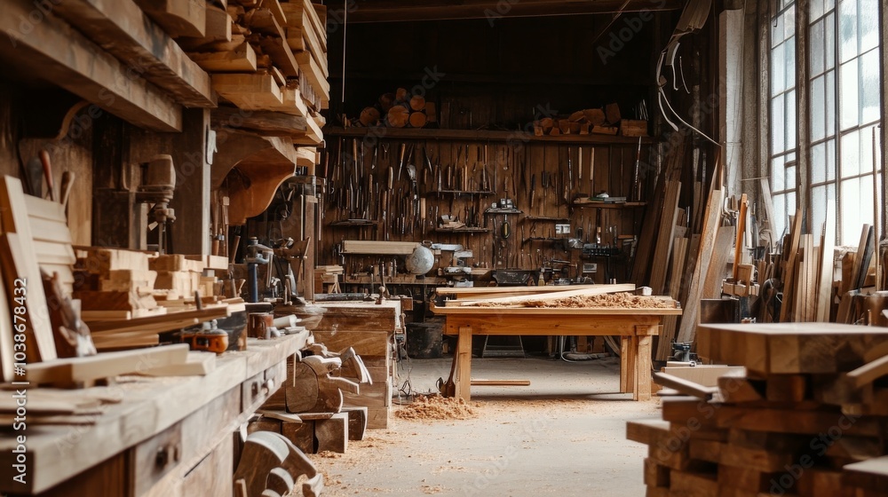 A tranquil woodworking workshop with hand tools and lumber stacks, Sawdust-covered workbenches and woodworking projects in progress, Rustic craftsmanship style A tranquil woodworking workshop with hand tools and lumber stacks, Sawdust-covered workbenches and woodworking projects in progress, Rustic craftsmanship style