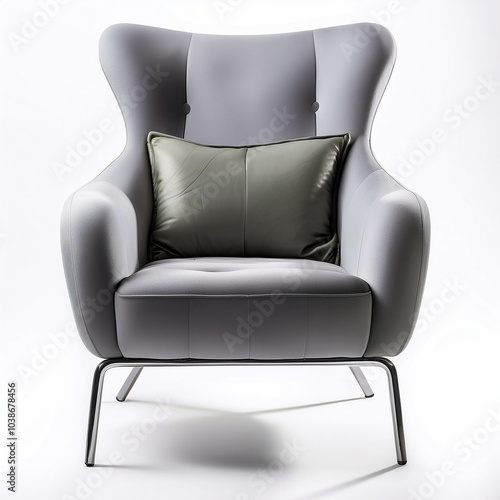 Elegant grey armchair with a soft, olive-green cushion, perfectly complementing its modern design. A touch of sophistication.