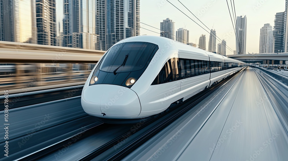 Fototapeta premium A sleek, modern train speeding through a cityscape, showcasing advanced transportation technology and urban infrastructure.