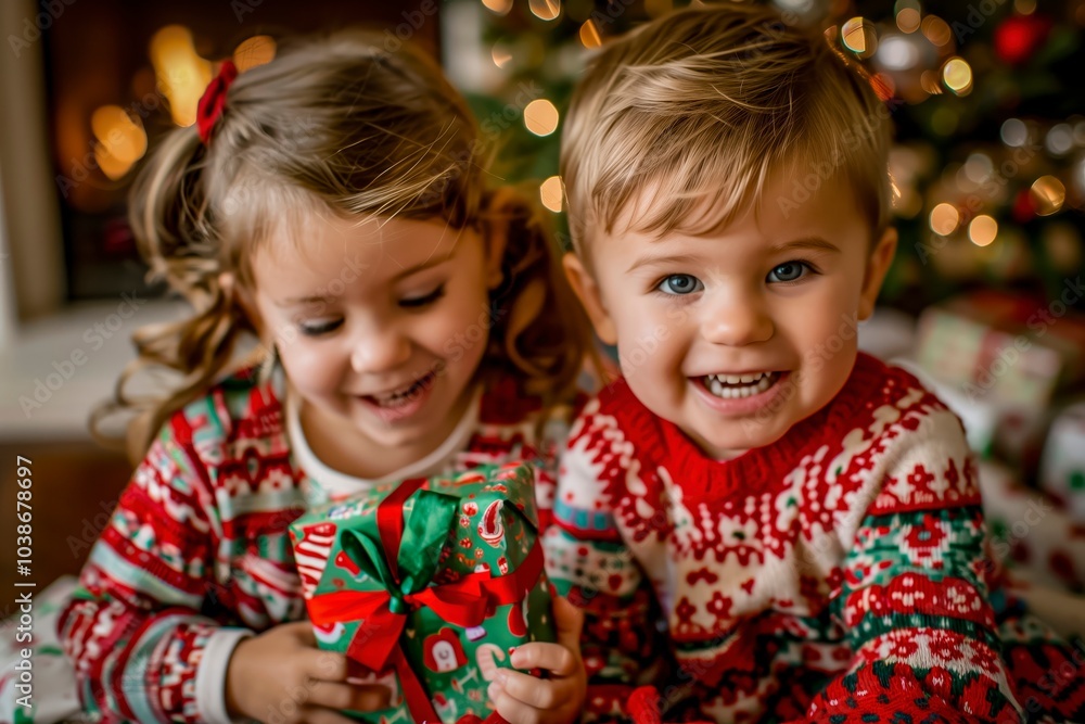 Children Joyfully Unwrapping Christmas Gifts in a Cozy Living Room With Festive Decorations Children Joyfully Unwrapping Christmas Gifts in a Cozy Living Room With Festive Decorations