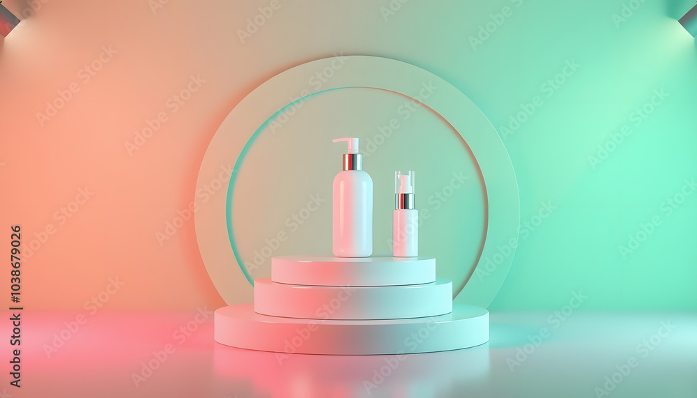Cosmetic background for product presentation. Podium on green color circular geometry pattern . 3d rendering illustration isolated with white highlights, png Cosmetic background for product presentation. Podium on green color circular geometry pattern . 3d rendering illustration isolated with white highlights, png