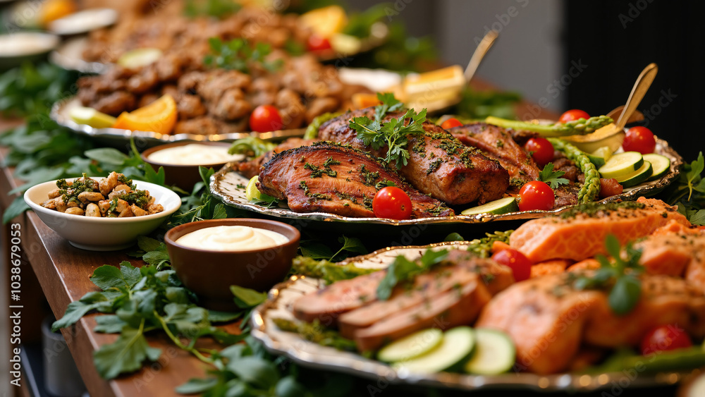 Luxurious Catering Buffet: Gourmet Meat and Vegetable Spread for Celebrations and Events - Perfect for Catering Ads Luxurious Catering Buffet: Gourmet Meat and Vegetable Spread for Celebrations and Events - Perfect for Catering Ads