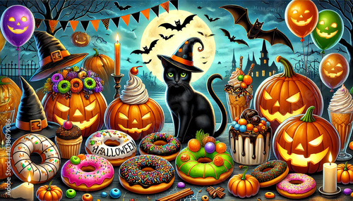 Halloween party with Donut dessert with Black Cat and pumpkin