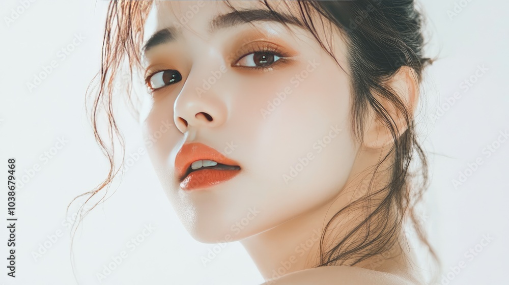Flawlessly styled young Asian woman with luminous skin and K-beauty makeup, glowing on a bright white backdrop Flawlessly styled young Asian woman with luminous skin and K-beauty makeup, glowing on a bright white backdrop