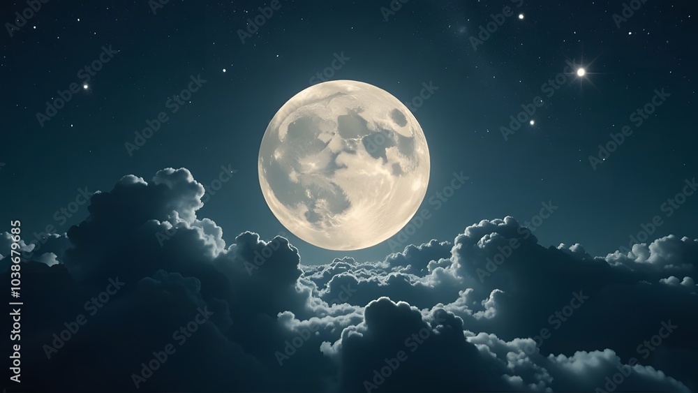 Marvelous and Majestic Moonlit Night Displayed with Beautiful Clouds and Shimmering Stars Marvelous and Majestic Moonlit Night Displayed with Beautiful Clouds and Shimmering Stars