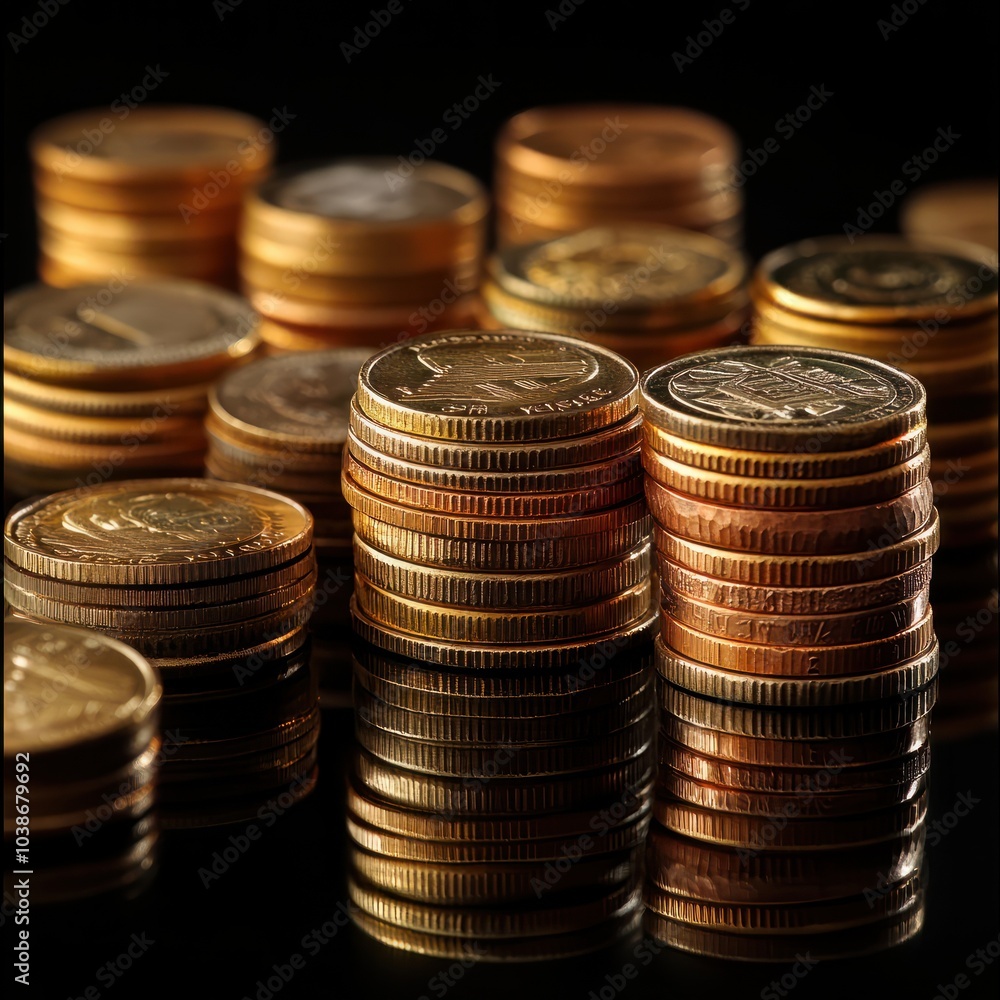Stacks of different gold coins on black background. Stacks of different gold coins on black background.