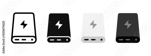 Power bank icon. Portable battery charger vector illustration. Power bank battery symbol. Electronic device recharge sign. Phone charger energy pictogram. Outline, black and white accumulator concept.
