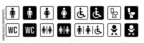 WC sign icon set. Restroom sign collection. Man and woman unisex public toilet vector illustration. Handicapped lavatory symbol. Male, female and disabled person silhouette. Baby WC pictogram