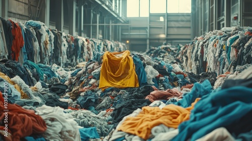 Heap of textiles and garments in a recycling facility, highlighting the problem of clothing waste and the positive impact of recycling