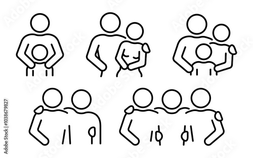Relationships outline illustrations collection. Friendship and family relations line style icon set. Human social communication symbol. Man, woman, child, kid, male and female silhouettes. Couple icon