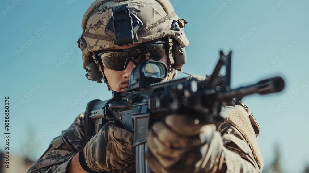 Obraz premium A soldier in tactical gear aims his rifle with precision and focus, ready for a mission under the clear sky.