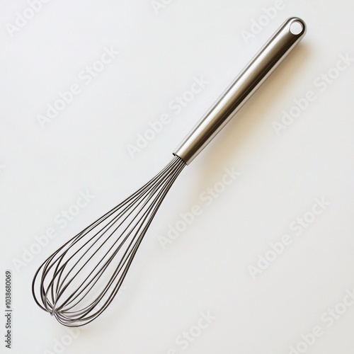 A stainless steel whisk used for mixing, beating, or whipping ingredients in cooking.