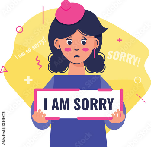 Sorry. Girl holding a sign with inscription "I'm sorry". Feeling sorry. Inscription I'm sorry. I'm sorry hand lettering card. National Sorry Day.