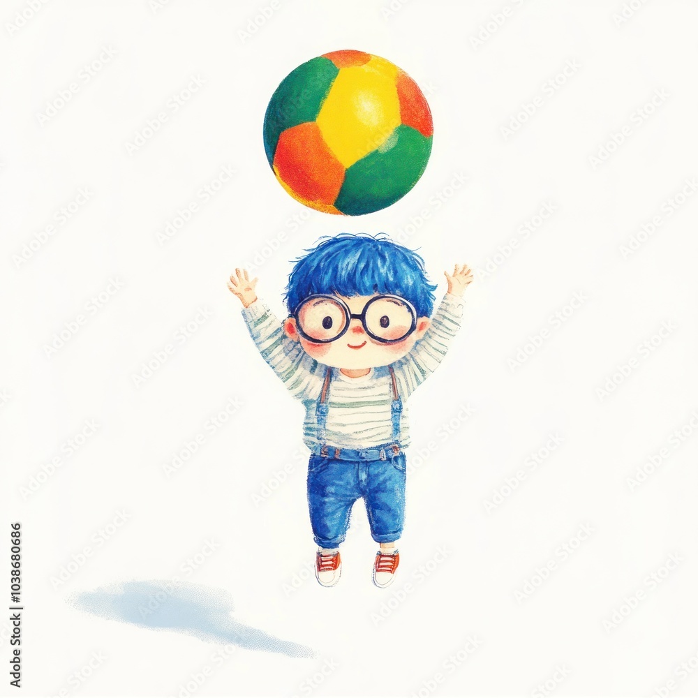 A joyful child with blue hair and glasses jumps to catch a colorful ball. A joyful child with blue hair and glasses jumps to catch a colorful ball.