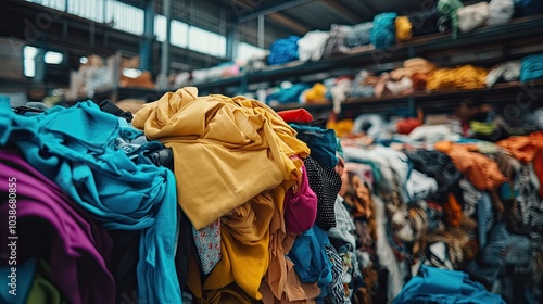 Pile of various fabrics and discarded clothing in a recycling center, raising awareness of fashion waste and the importance of sustainability