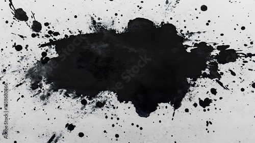 Black watercolor blot with artistic washes and dynamic splashes on a textured paper background.