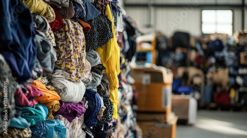 Pile of various fabrics and discarded clothing in a recycling center, raising awareness of fashion waste and the importance of sustainability photo