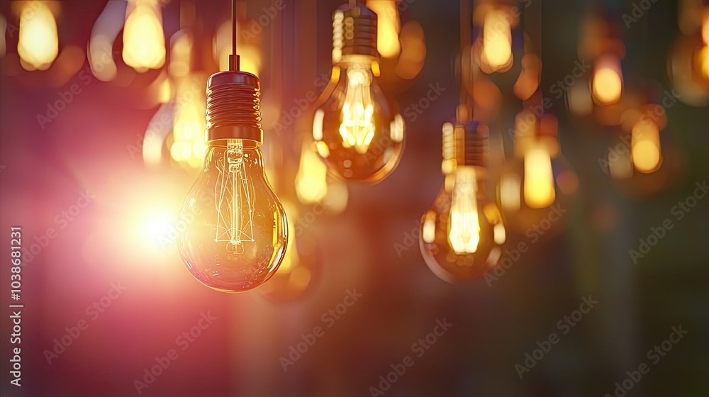 A captivating arrangement of hanging light bulbs, glowing warmly and creating a soft ambiance in a stylish setting. A captivating arrangement of hanging light bulbs, glowing warmly and creating a soft ambiance in a stylish setting.