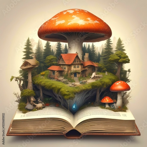 Illustration of gnome house in mushroom building on book pages with amazing heavenly sky behind. photo